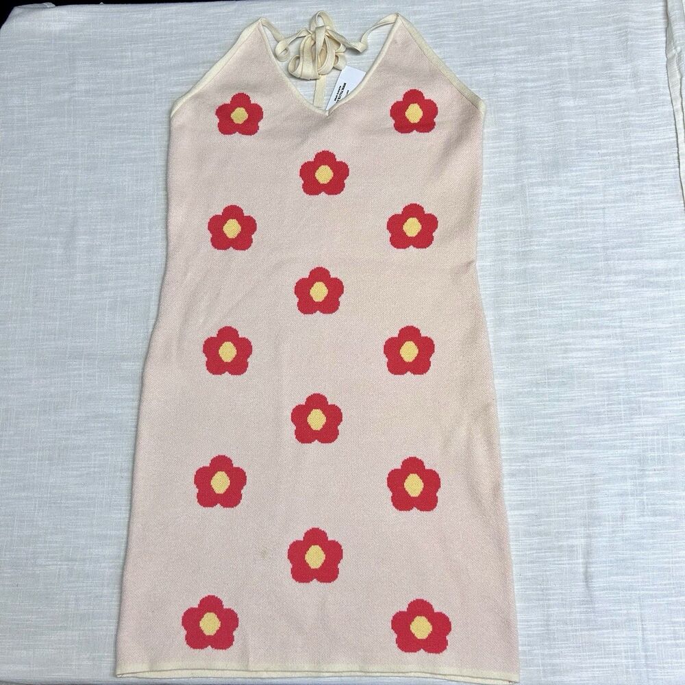 RSQ Floral Knit Halter Dress Red Yellow Daisy Pattern Retro Y2K Form Fitting XL